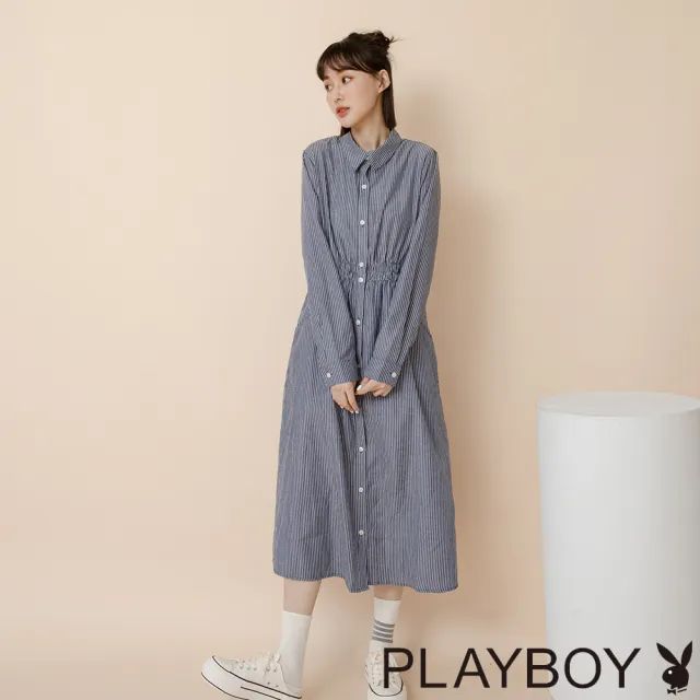 【PLAYBOY】束腰修身條紋襯衫(藍色)