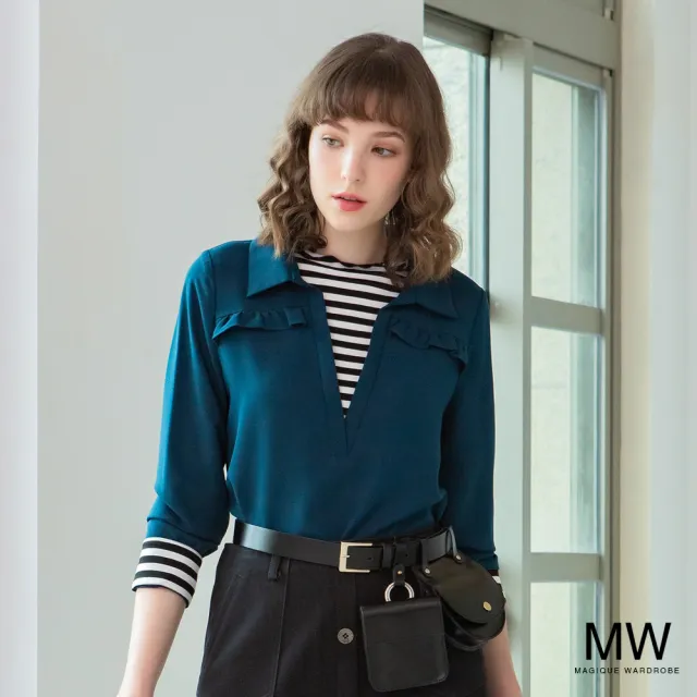 【MAGIQUE WARDROBE】假兩件式荷葉拼接條紋襯衫上衣(2色)