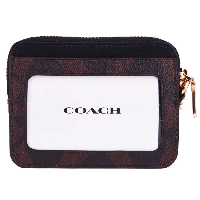 【COACH】經典 馬車立體金LOGO PVC皮革 拉鍊 零錢包(老花咖啡)