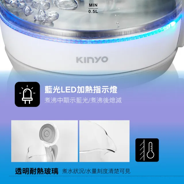 【KINYO】1.8L 304不鏽鋼玻璃快煮壺(電熱壺/ 熱水壺/煮水壺/電茶壺 ITHP-167)