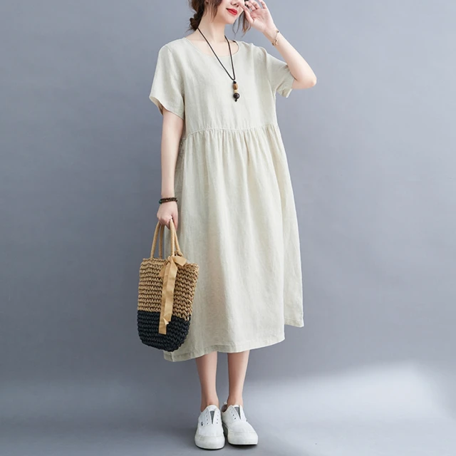【米蘭精品】連身裙棉麻洋裝(休閒純色寬鬆短袖女裙子4色74cs77)