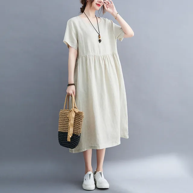 【米蘭精品】現貨+預購 女連身裙棉麻洋裝大尺碼長裙連衣裙A字裙休閒大碼女裝(純色寬鬆短袖女裙子4色74cs77)