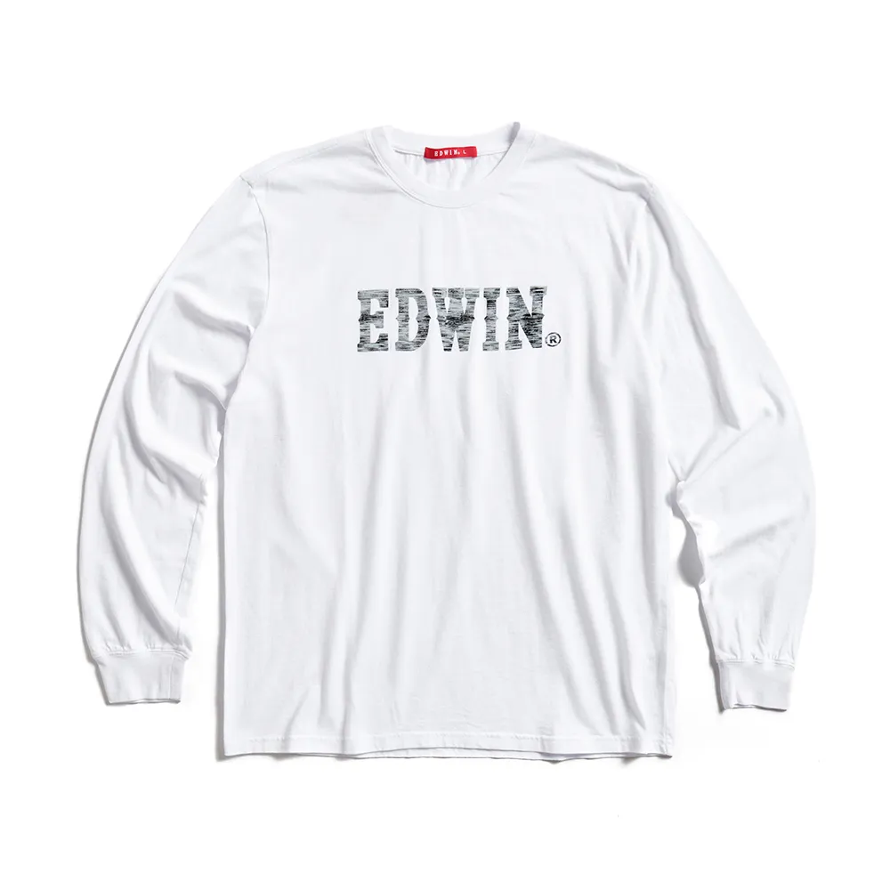 【EDWIN】男裝 人氣復刻款 花紗植絨LOGO長袖T恤(白色)