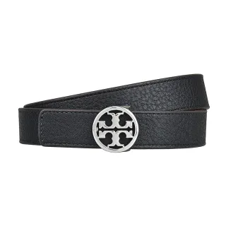 【TORY BURCH】TORY BURCH 簍空銀字雙T LOGO牛皮釦式雙面皮帶(窄版/黑x棕)