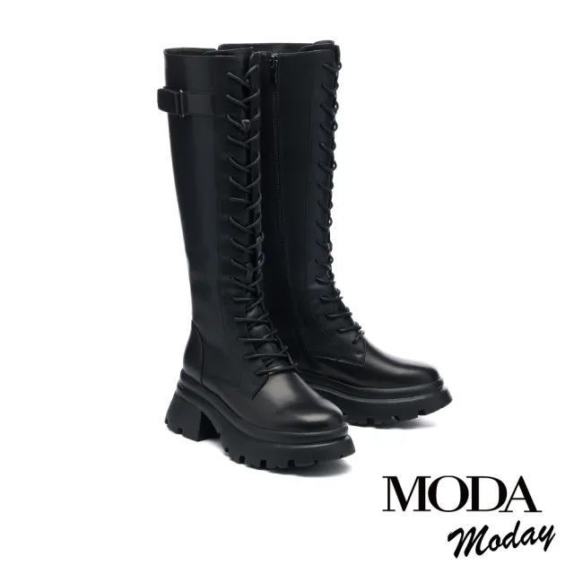 【MODA Moday】個性綁帶牛皮帶釦側拉鍊厚底長靴(黑)