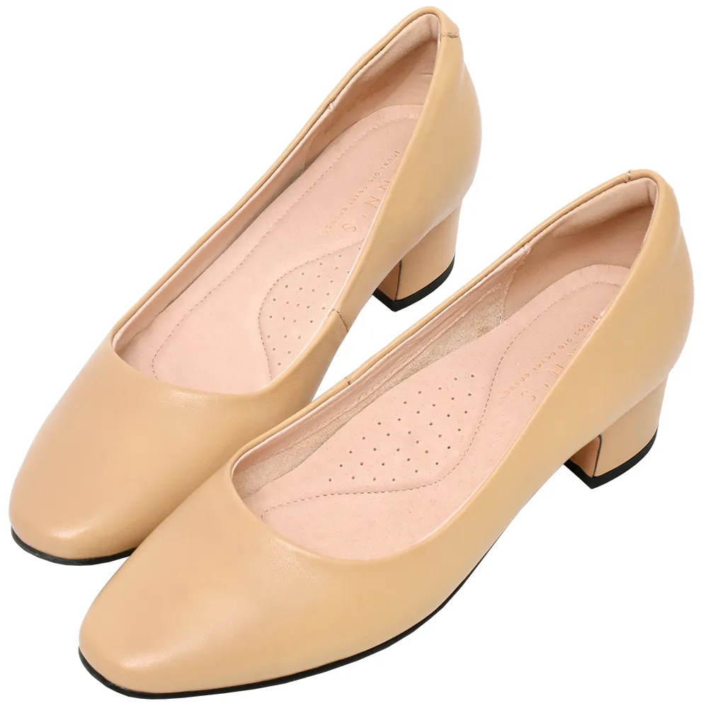 【Ann’S】素面通勤鞋-小羊皮全真皮杏仁楦粗跟包鞋-4cm(棕)