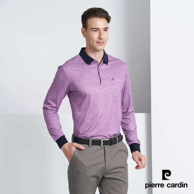 【pierre cardin 皮爾卡登】商務休閒 直條印花長袖POLO衫-紫色(5225262-28)