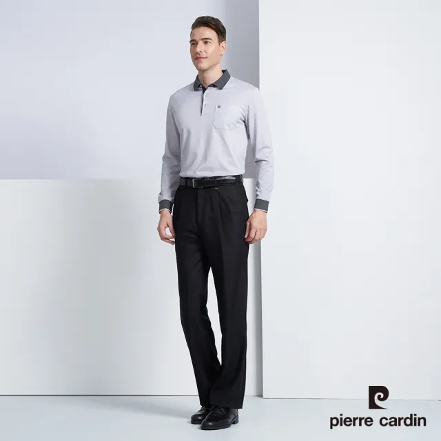 【pierre cardin 皮爾卡登】商務休閒 印花長袖POLO衫-淺灰色(5225263-95)