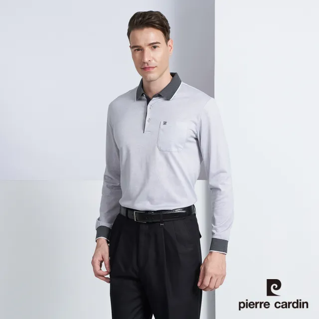 【pierre cardin 皮爾卡登】商務休閒 印花長袖POLO衫-淺灰色(5225263-95)