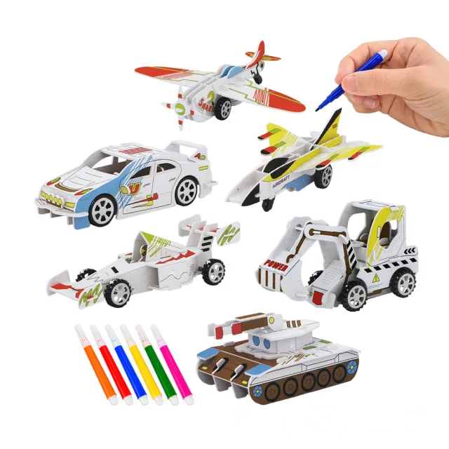 【888ezgo】DIY著色拼圖飛機車子(有迴力功能)(ST附6色彩色筆)(6入裝)