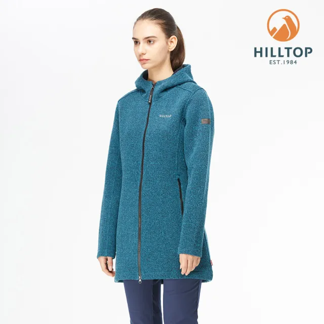 【Hilltop 山頂鳥】女款POLYGIENE抗菌長版連帽刷毛外套H22FW1藍麻花