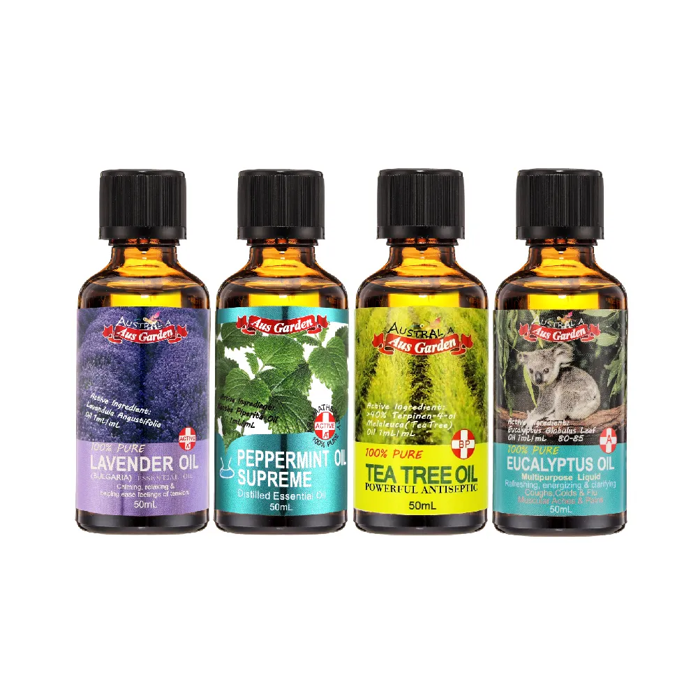 【Ausgarden 澳維花園】薰衣草、薄荷、尤加利、茶樹精油各50ml組合(提升活力 無憂靈淨四大組)