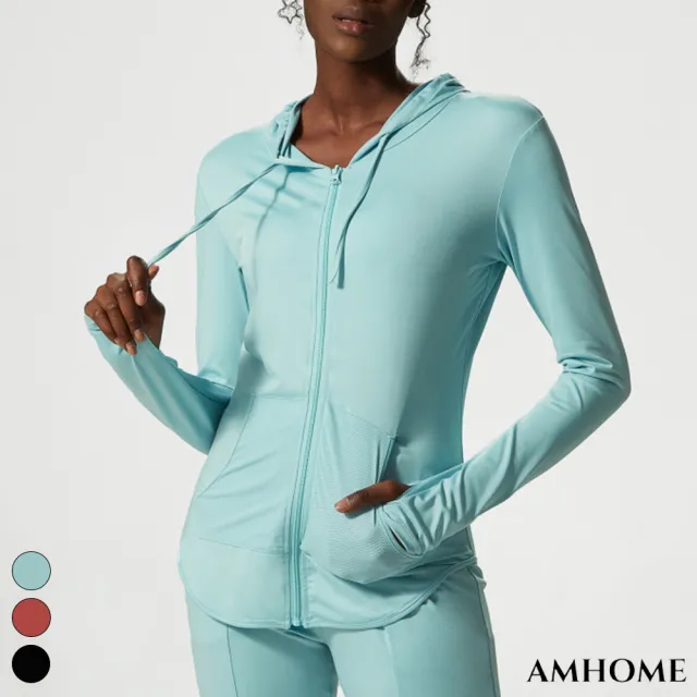 【Amhome】歐美瑜伽輕薄長袖健身運動中長版彈力合身外套#113485現貨+預購(3色)