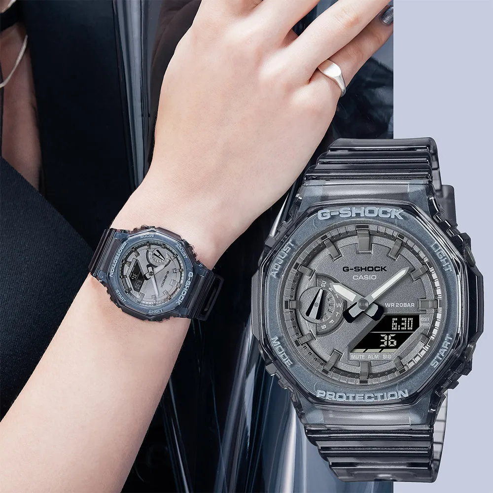 【CASIO 卡西歐】G-SHOCK 女錶 八角 半透明雙顯手錶-透黑 畢業禮物(GMA-S2100SK-1A)