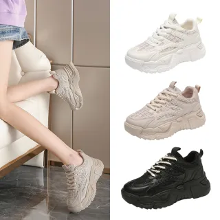 【Alberta】5.5cm休閒鞋 韓風百搭拼接 皮革厚底綁帶圓頭包鞋 老爹鞋