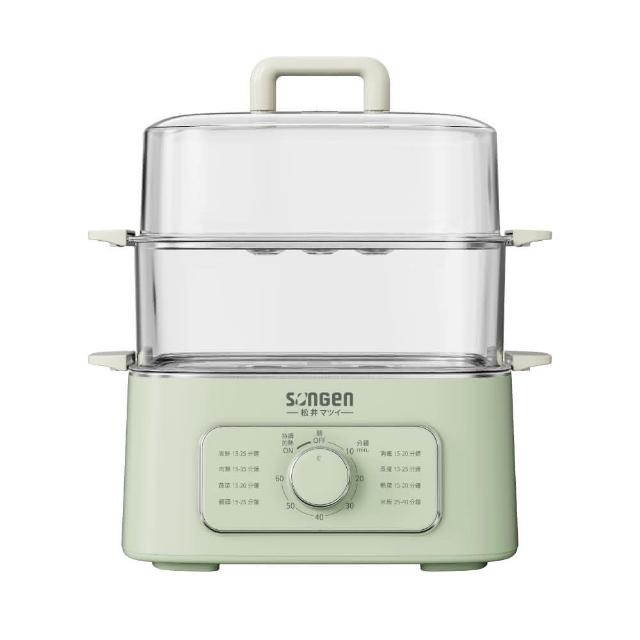  SONGEN松井 SG-1011MS(G) 電蒸鍋，綠色系時尚設計，專為3人份家庭量身打造。內鍋採用優質304不鏽鋼，安全耐用不易生鏽。配件包含蒸籠單層x2層及內鍋，操作簡單快速蒸煮蔬果海鮮。尺寸W282xD264xH305mm，重量1.8kg（含配件2.5kg），110V/60Hz使用，消耗功率900~1000W，產地中國，保固1年，BSMI許可字號R73998。完美適合忙碌現代生活，健康蒸煮新選擇！ 