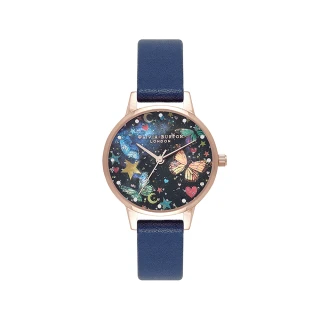 【Olivia Burton】Night Garden系列-玫金殼夜蝶黑面藍色皮帶腕錶-30mm(OB16WG81)