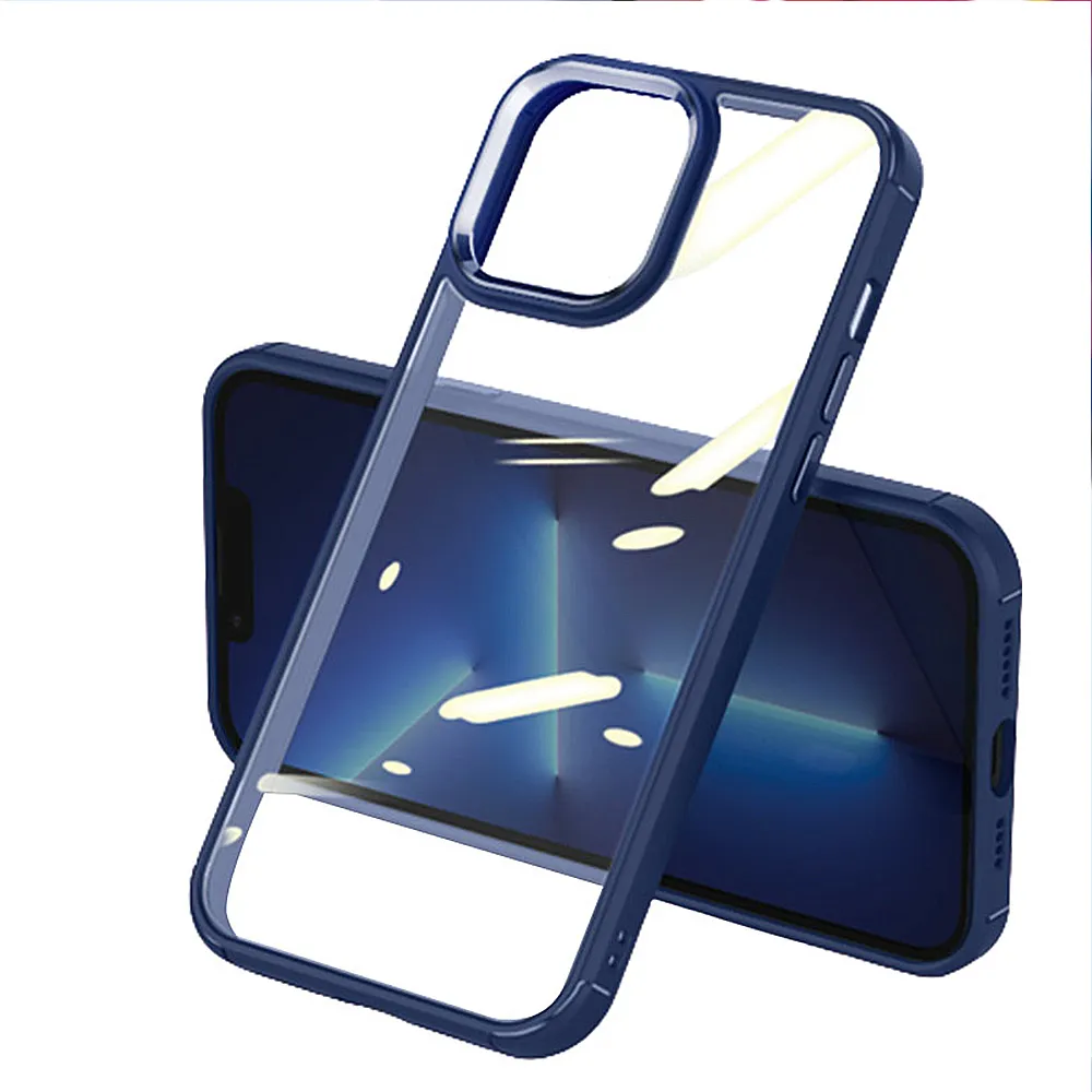 【HongXin】iPhone 13 Pro 6.1 透明背板金屬按鍵 防摔防撞 手機殼(深藍色)