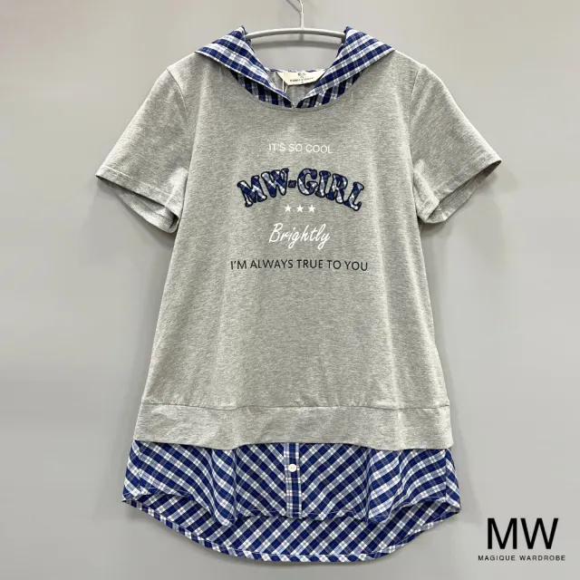 【MAGIQUE WARDROBE】假兩件連帽貼布拼接格紋短袖上衣(2色)