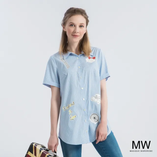 【MAGIQUE WARDROBE】翻領條紋貼布襯衫上衣(2色)