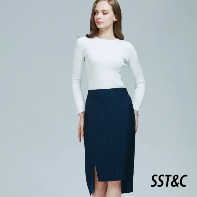 【SST&C 出清２折】深藍色設計款開衩過膝窄裙7461809010