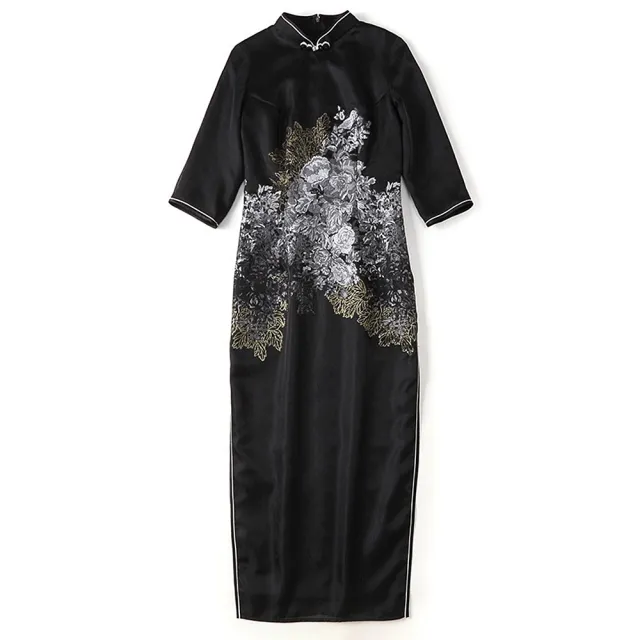 【巴黎精品】現貨+預購 女新中式旗袍連身裙改良旗袍A字裙長裙大碼洋裝休閒大尺碼女裝(花鳥立領2色p1bf52)
