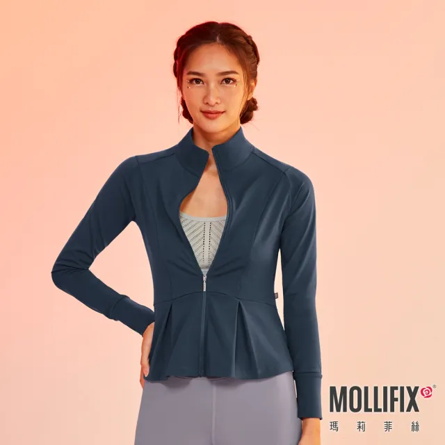 【Mollifix 瑪莉菲絲】立體修身傘狀訓練外套、瑜珈服、瑜珈上衣、運動外套(藍綠)