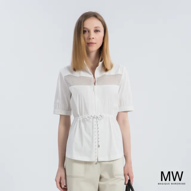 【MAGIQUE WARDROBE】立領拼接網布綁帶收腰上衣(2色)