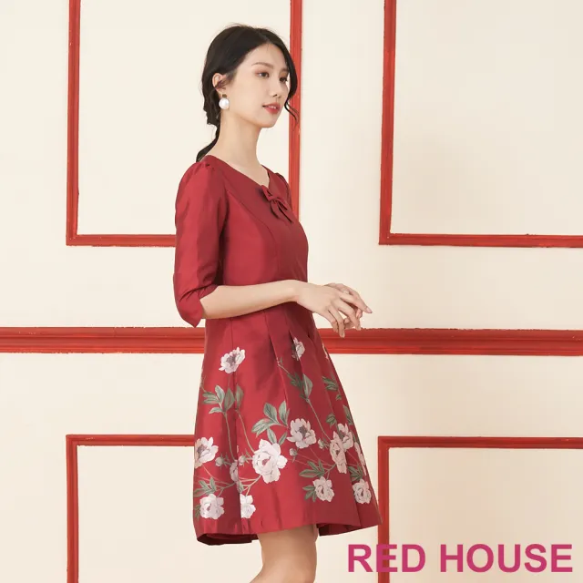 【RED HOUSE 蕾赫斯】心型領玫瑰緹花洋裝(黑色)