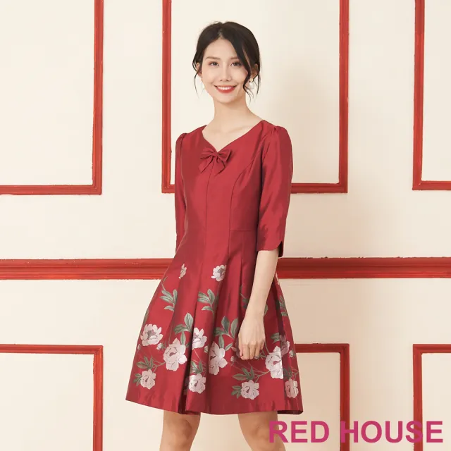 【RED HOUSE 蕾赫斯】心型領玫瑰緹花洋裝(黑色)