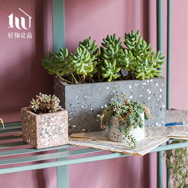 好物良品】長形水磨石手作水泥盆栽花盆花器(附十字花架｜陽台