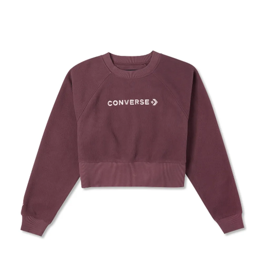 【CONVERSE品牌旗艦店】STRIP WORDMARK CREW DARK 圓領套頭衫 女 紫紅色(10023978-A02)