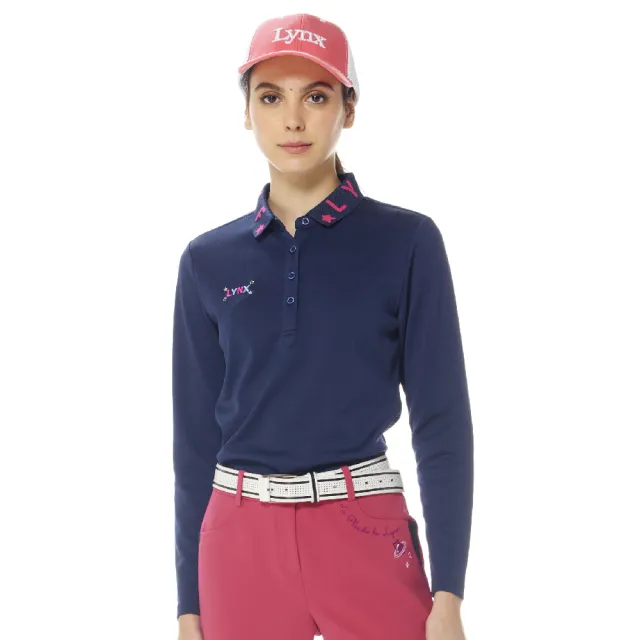 【Lynx Golf】女款吸排抗UV小菱格紋布料造型緹花領長袖POLO衫/高爾夫球衫(二色)