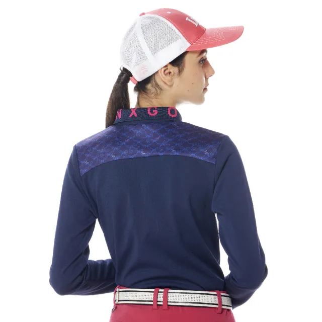 【Lynx Golf】女款吸排抗UV小菱格紋布料造型緹花領長袖POLO衫/高爾夫球衫(二色)