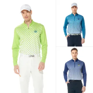 【Lynx Golf】男款吸濕排汗滿版流線造型後背剪接LOGO織帶長袖立領POLO衫(三色)