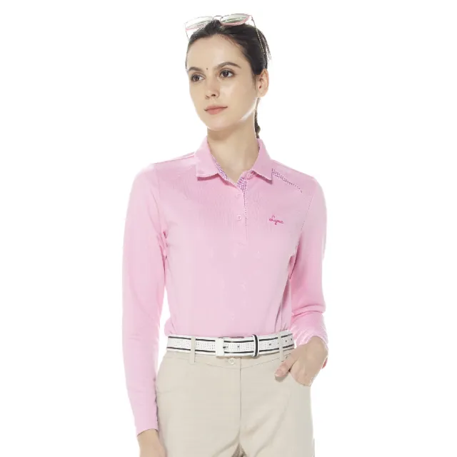 【Lynx Golf】女款吸汗速乾星芒緹花設計山貓星球印花長袖POLO衫/高爾夫球衫(二色)
