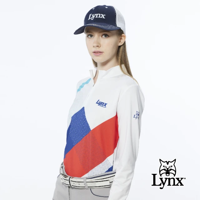 【Lynx Golf】女款吸溼排汗流線感跳色印花長袖立領POLO衫/高爾夫球衫(白色)