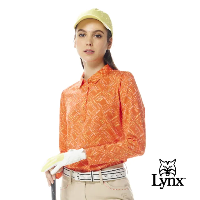 【Lynx Golf】女款純棉雙絲光滿版Lynx英文字樣印花長袖POLO衫/高爾夫球衫(二色)