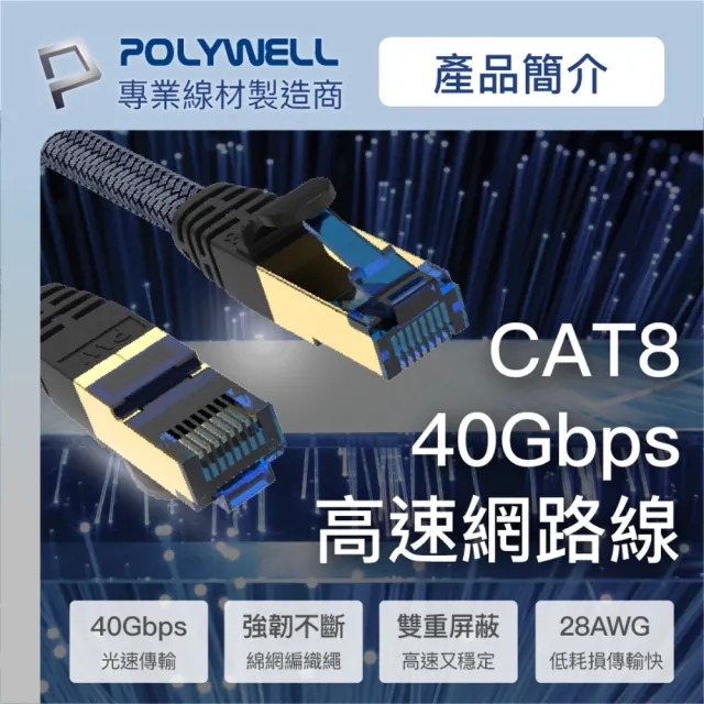 【POLYWELL】POLYWELL CAT8 40Gbps 超高速網路編織線 50公分(鍍金外殼編織線)