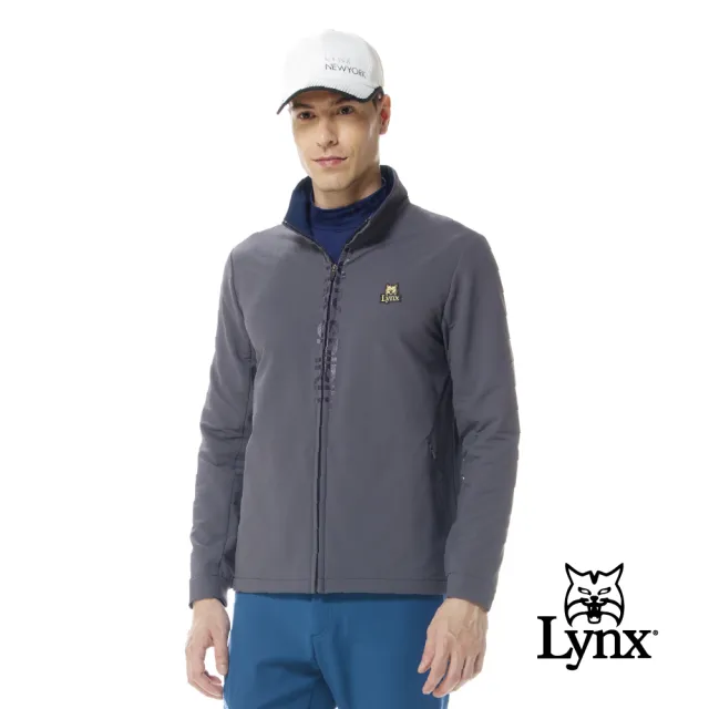 【Lynx Golf】男款防潑水刷毛保暖門襟蓋布造型印花隱形拉鍊口袋長袖外套(二色)
