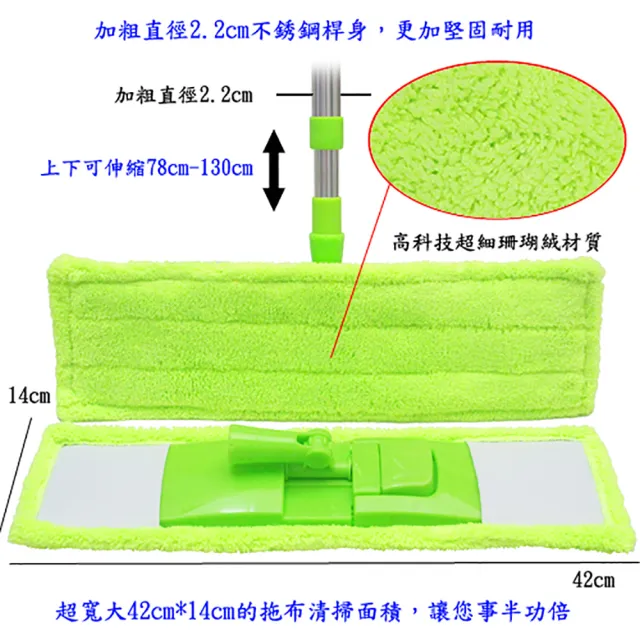 【月陽】可伸縮加寬型超細珊瑚絨靜電不鏽鋼除塵拖把平板拖把(1018)