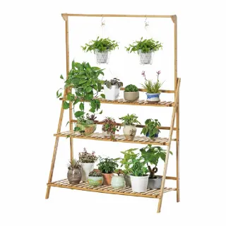 【zekca】戶外陽台三層50cm花架-附可調節吊籃(多肉花架 摺疊花架 實木花架 戶外花架 陽台花架 吊籃花架)