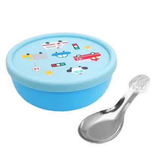 食品級矽膠隔熱碗-藍色汽車-贈送兒童湯匙-2入組(隔熱碗)