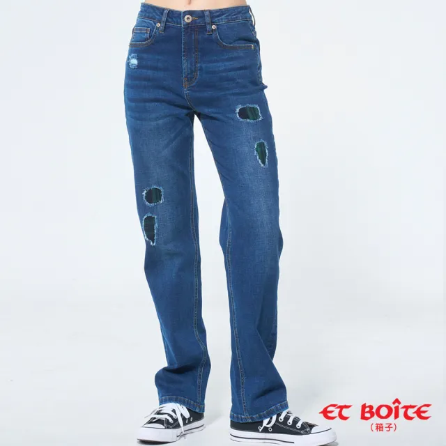 【BLUE WAY】女裝 格子補丁高腰丹寧 直筒褲 牛仔褲-ET BOiTE 箱子