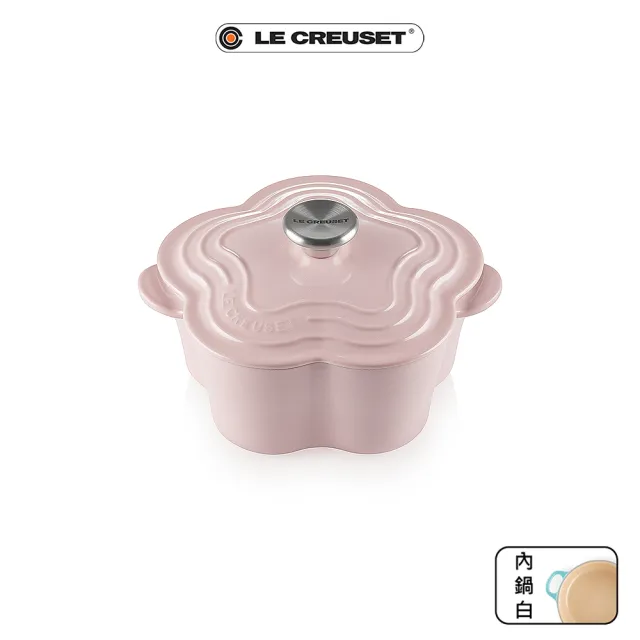 【Le Creuset】琺瑯鑄鐵鍋山茶花鍋20cm(雪紡粉-鋼頭-內鍋白)