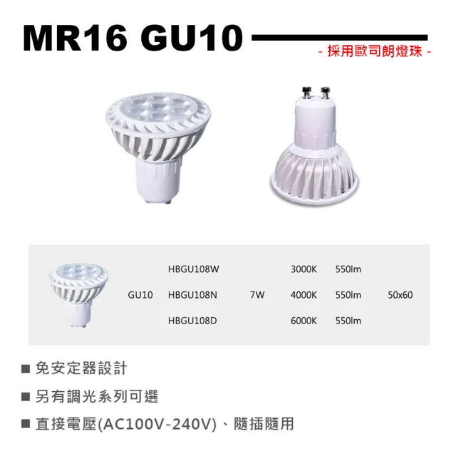【HappyBright 樂亮】LED GU10 7W 免安定器 杯燈 投射燈泡 MR16 杯燈型 全電壓 2入組(杯燈 燈泡 投射燈泡)