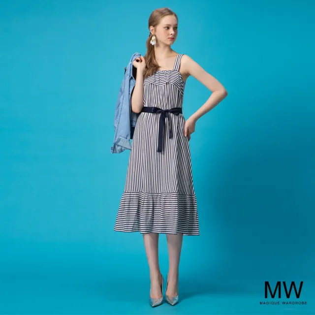 【MAGIQUE WARDROBE】肩帶綁帶條紋洋裝(2色)