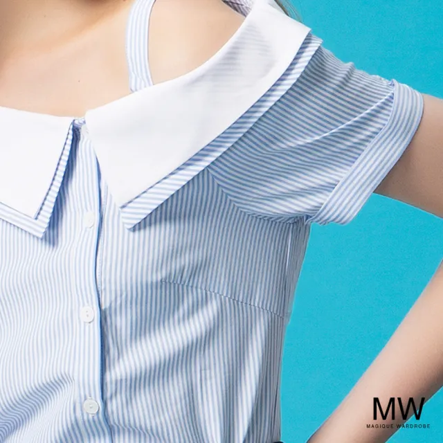 【MAGIQUE WARDROBE】斜肩吊帶條紋上衣(2色)