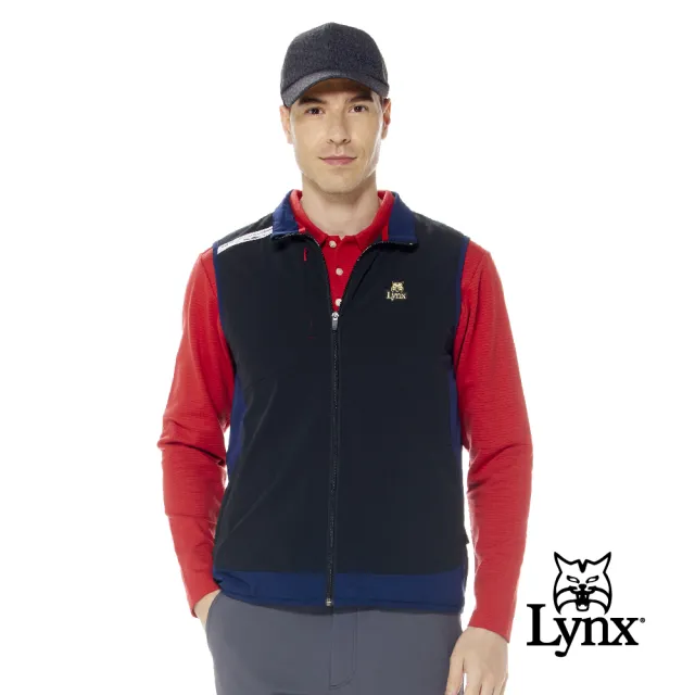 【Lynx Golf】男款防潑水保暖刷毛LOGO織帶設計異材質剪裁隱形拉鍊胸袋款無袖背心(二色)