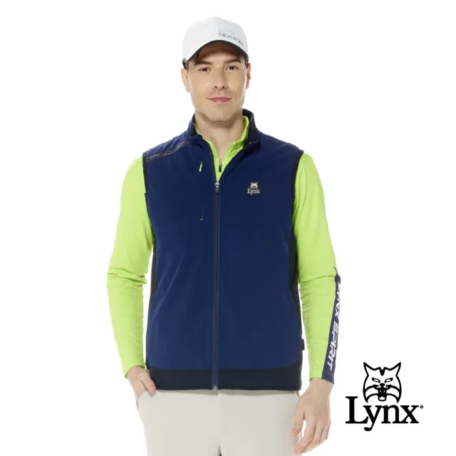 【Lynx Golf】男款防潑水保暖刷毛LOGO織帶設計異材質剪裁隱形拉鍊胸袋款無袖背心(二色)